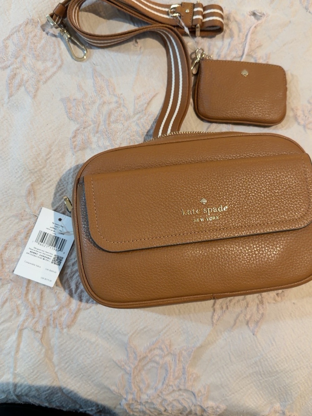 kate spade camel pebbled leather crossbody with striped strap and coin pouch